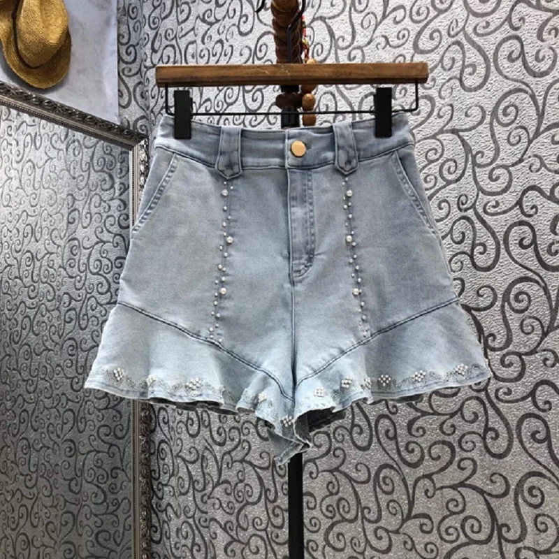 

High Quality Denim Shorts 2021 Summer Fashion Style Women Beading Deco Ruffle Patchwork Casual Blue Jeans Short Pants Ladies