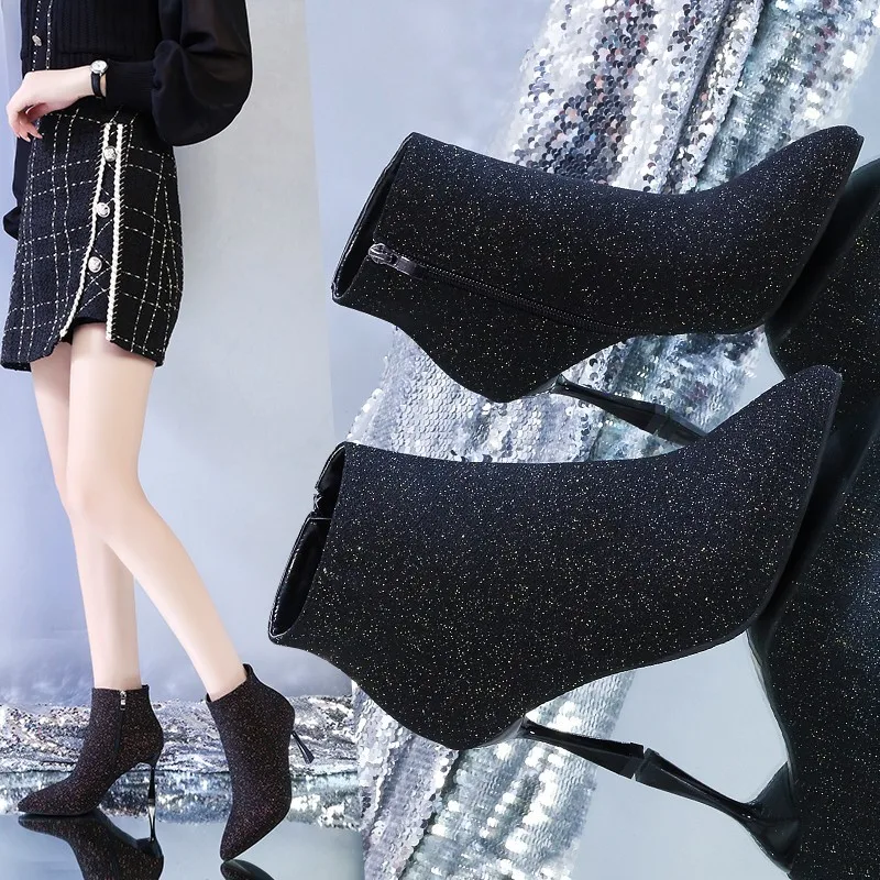 Women Boots Corduroy Butterfly-knot Boots Sexy High Heels Party Shoes Winter plus velvet Keep Warm Female Boots zapatos de mujer