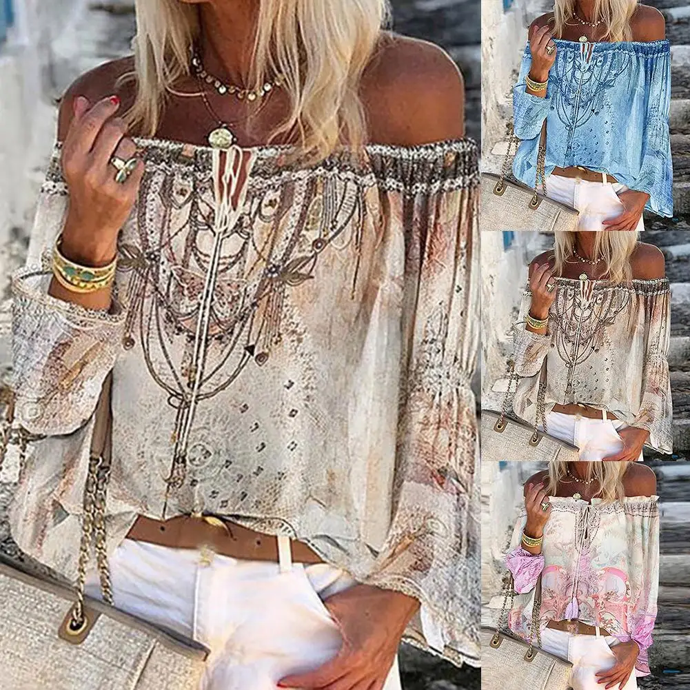

2020 Blouses Women Long Sleeve Off Shoulder Floral Print Hollow Out Lace Up Blouse Shirt Top Women's Clothing блузка женская