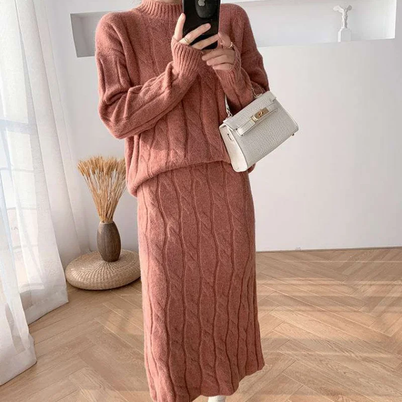 JSXDHK нового размера плюс для осени и зимы Вязанная Женский комплект 2 шт. розовый