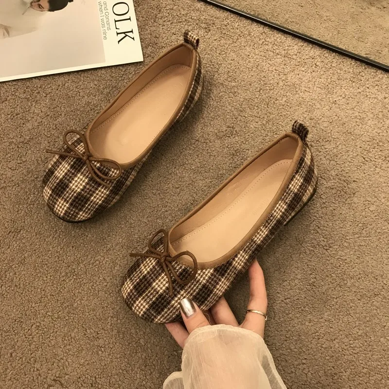 Балетки женские в ретро-стиле лоферы из ткани плоская подошва балетки с бантом