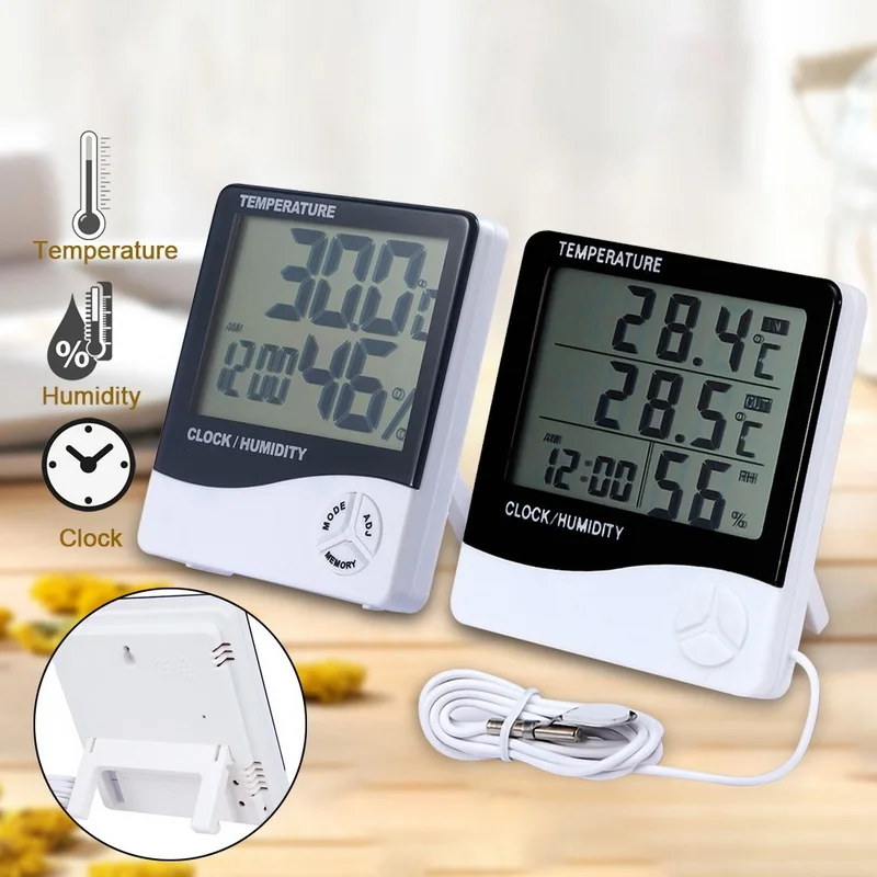 Portable LCD Digital Temperature Humidity Meter -1 -2 Indoor Outdoor Hygrometer Thermometer Weather Station With Clock | Инструменты