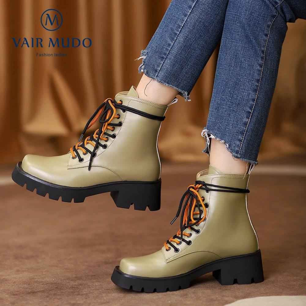 Murah VAIR MUDO Sepatu Bot Pergelangan Kaki Wanita Martin Sepatu Bot Musim Dingin Musim Gugur Padat Hitam Hijau Ujung Bundar Tebal ShoesWM-X244-C