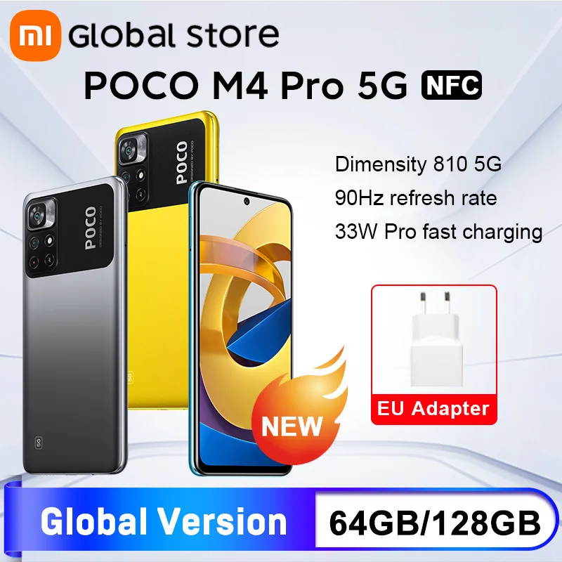 Глобальная версия POCO M4 Pro 5G NFC 4 Гб 64 Гб/6 ГБ 128 Гб Смартфон MTK Dimensity 810 6,6 "33W Pro 50MP камера