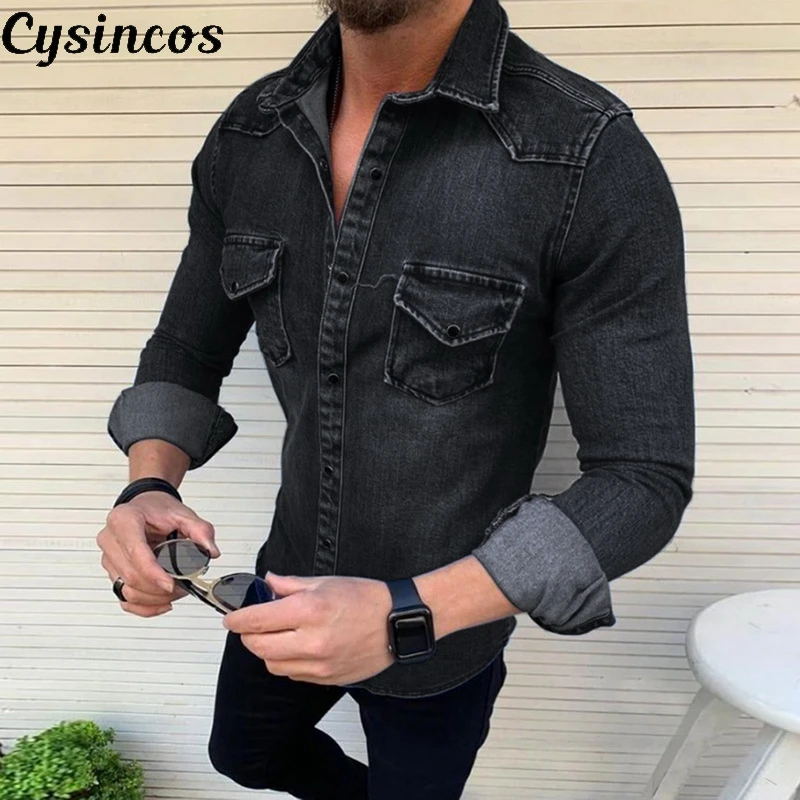 Мужская джинсовая куртка CYSINCOS темно-синяя Повседневная хлопковая с отложным