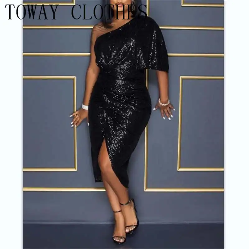

Dress For Women 2022 Summer One Shoulder Allover Sequin Party Dress Vestidos Elegantes Para Mujer