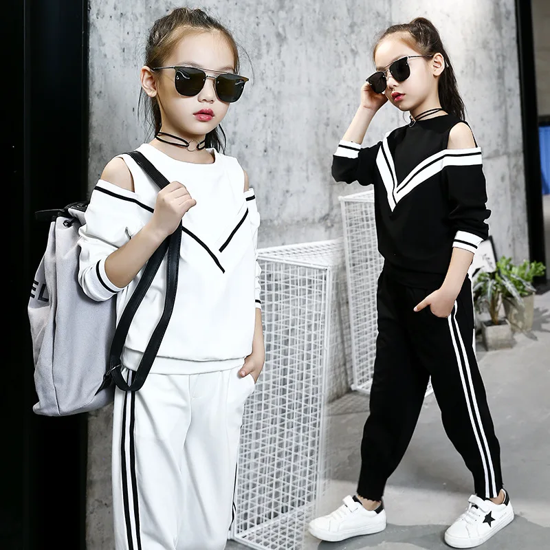 

Fashion Big Girls Sports Suits Off Shoulder Black and White Clothing Set for Teenage Autumn Tracksuit Kids Plus Size Sportswear