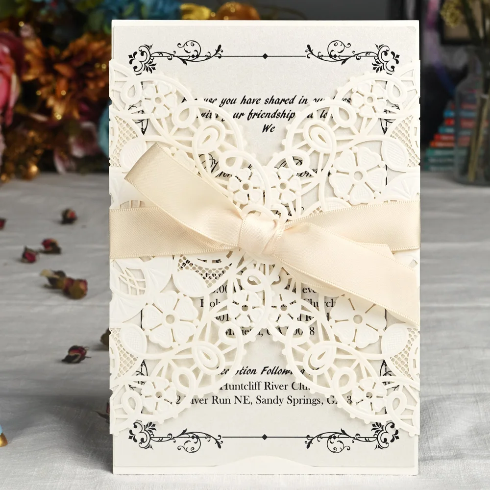 

50 Pieces Laser Cut Wedding Invitations with Ivory Lace Sleeve Invite Cards for Bridal Shower Engagement Birthday Party Favors
