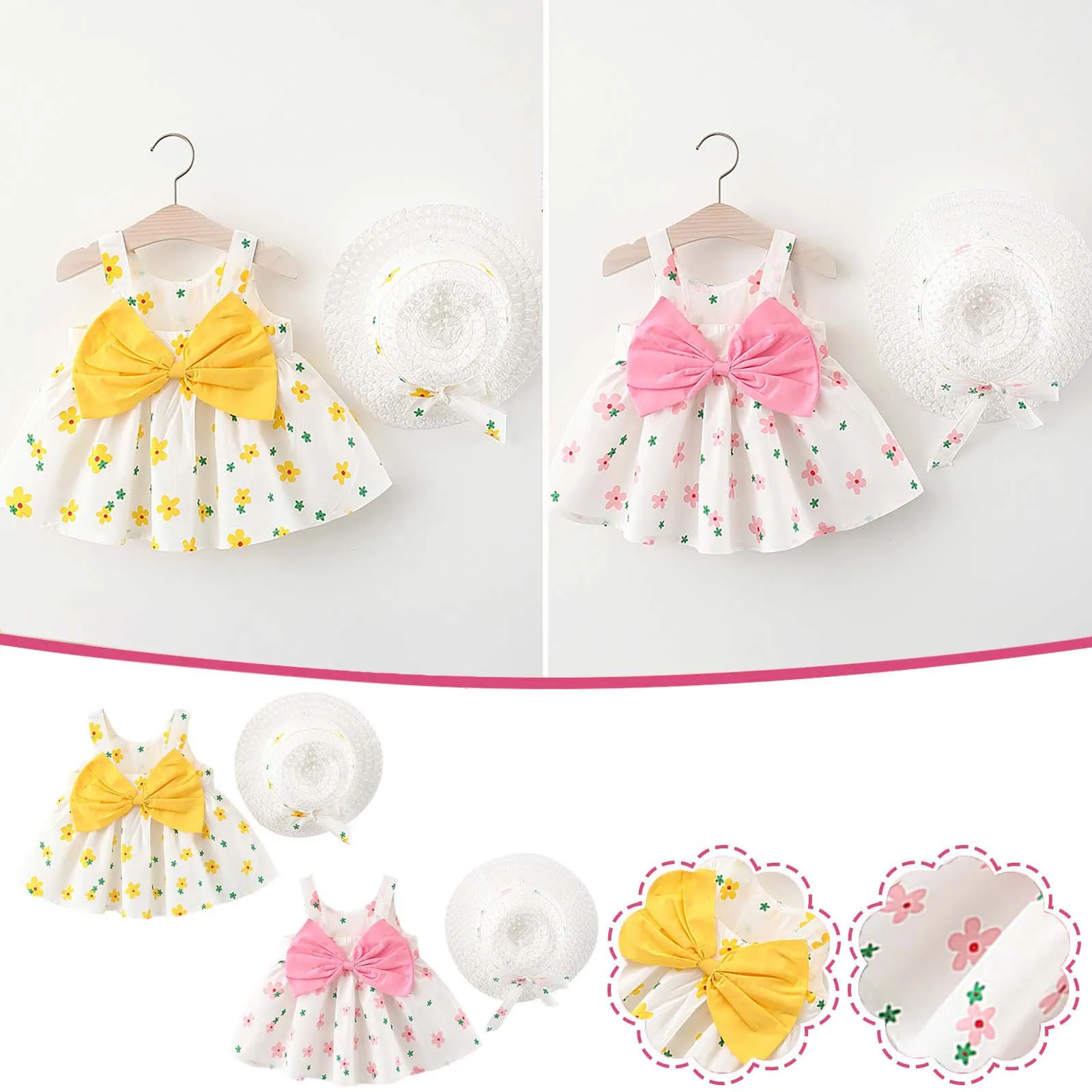 

Toddler Child Baby Girl Summer Bow Print Suspender Dress Dress for girls With Hat Baby girl Casual Dresses sukienki dla dzieci