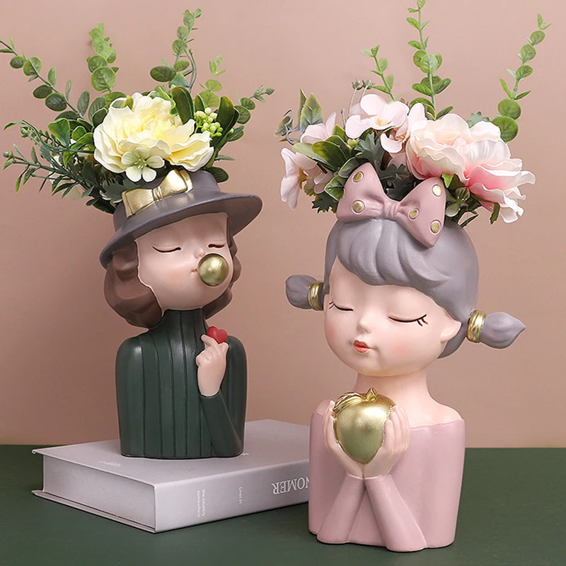 

Cute Girl Resin Flower Pots Creativity Cartoons Art Potted Face Statue Planter Indoor Outdoor Flower Arrangement Desktop Vase