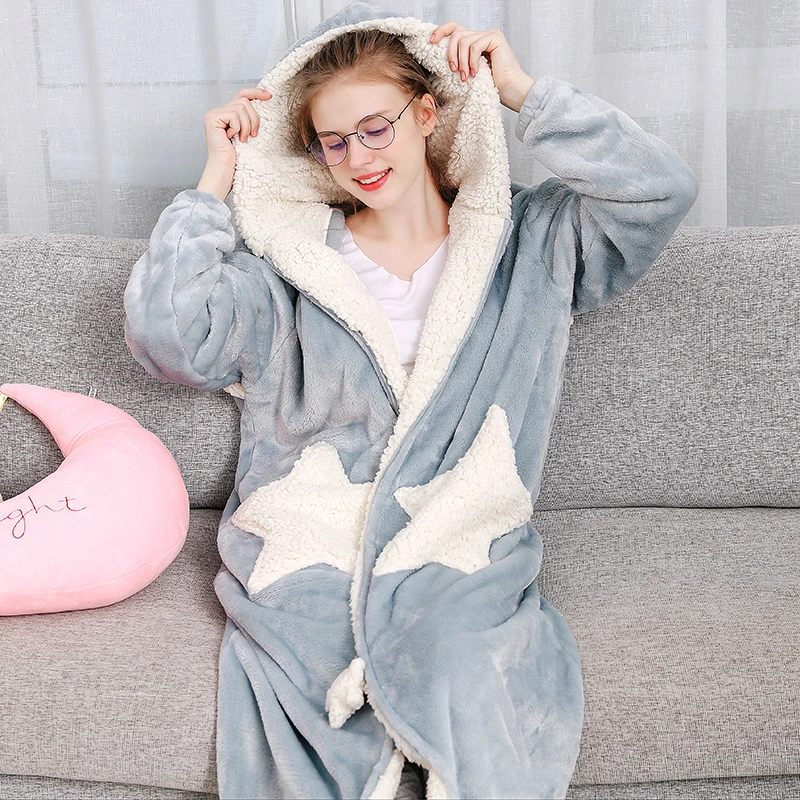 Женская Зимняя звезда Луна плюс размер длинный теплый фланелевый Халат для