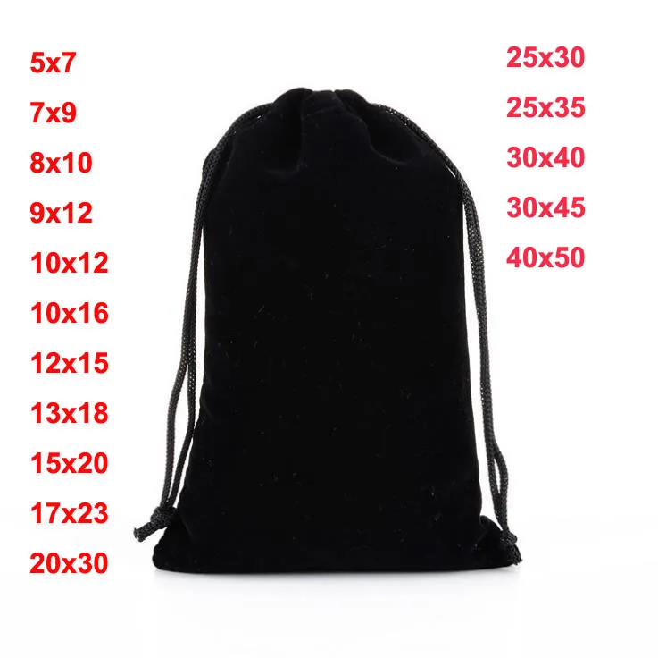50 PCS/lot 7x9 9x12 30x40cm Big Black Velvet Bags Drawstring Pouches For Jewelry Chirstmas Gift Storage Packing Bag Custom Logo