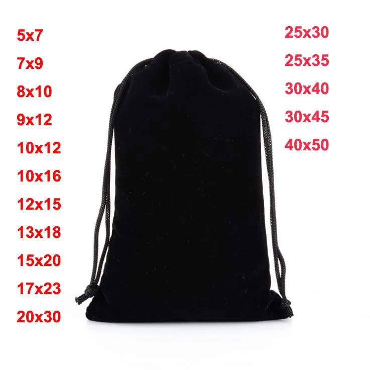 50 шт./лот 7x9 13x18 40x50 см большие черные бархатные мешочки на шнурке для ювелирных