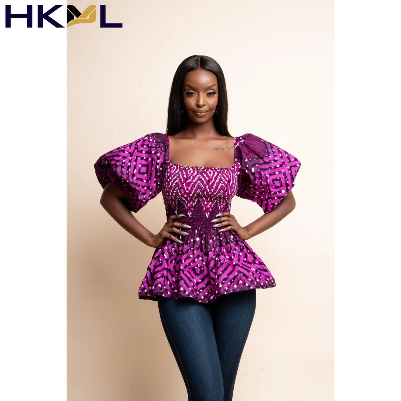 

Women Printed Tops Square Collar Short Lantern Sleeves Peplum African Female Floral Shirts FashionParty New