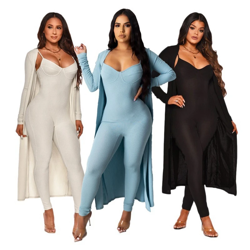 

Hot kf-Women Two Piece Summer Fall Suits Sleeveless Skinny Jumpsuits and Open Stitch Cardigans Set