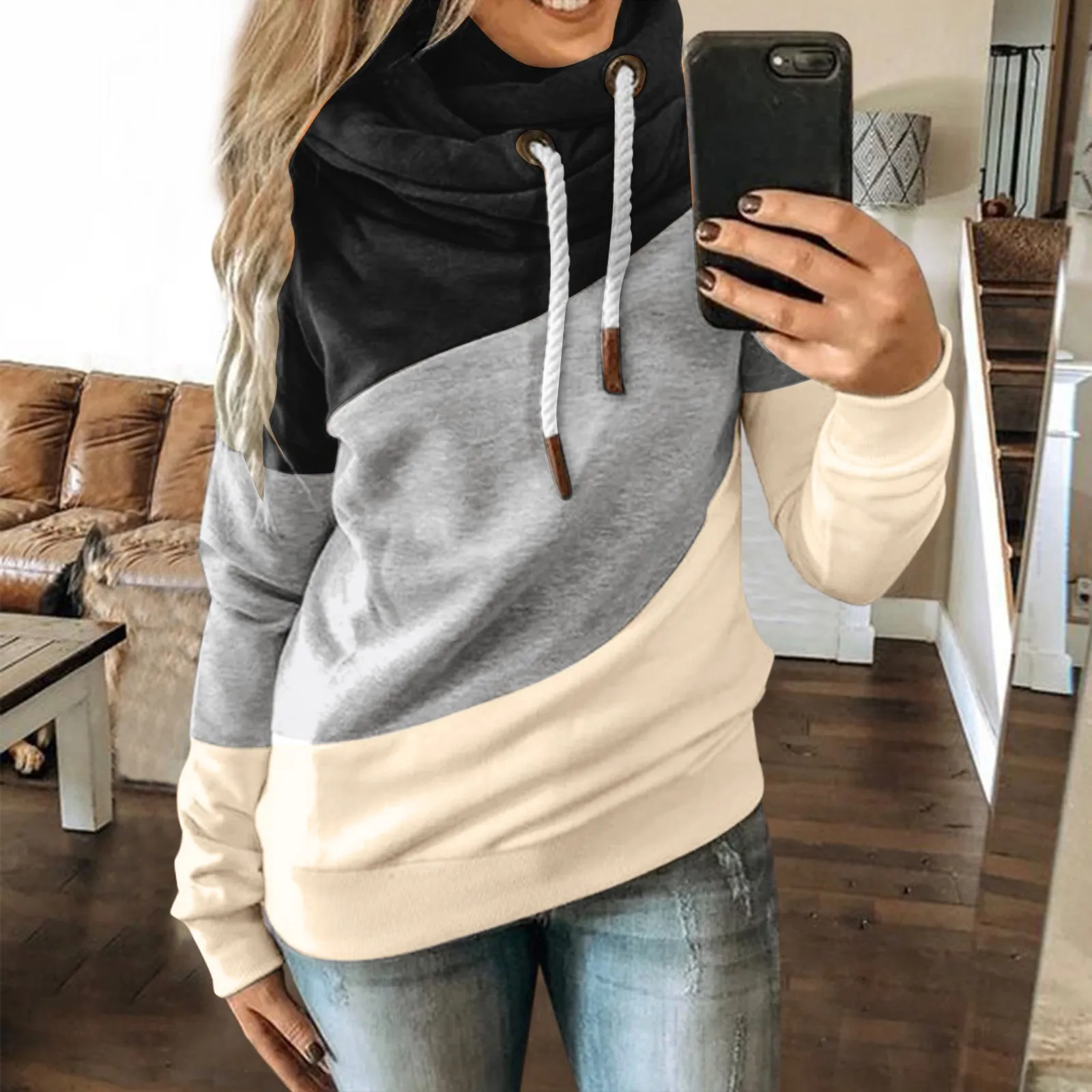 

Women's Autumn Solid Long Sleeve Sweatshirt Hoodies Women Casual Solid Contrast Splice Long Sleeve Hoodie Sweatshirt Strap Tops