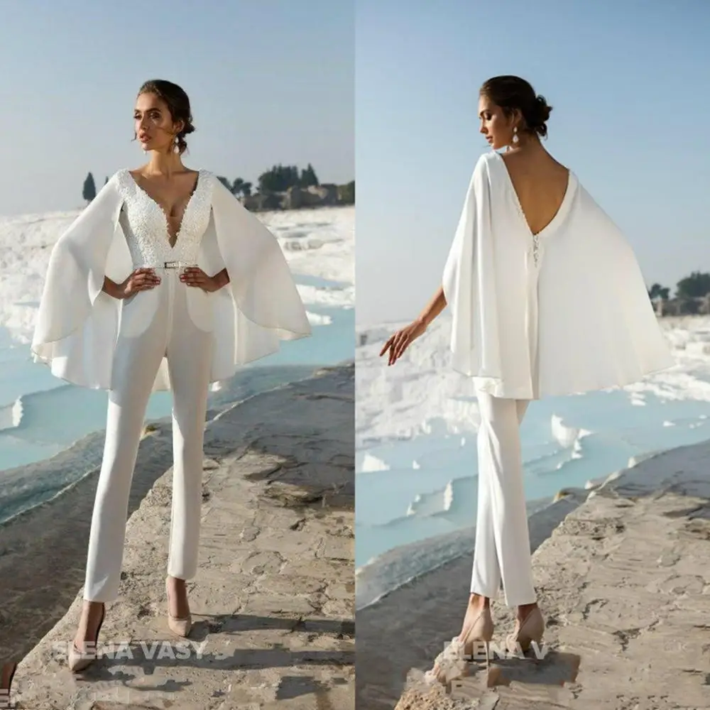 Элегантные пляжные свадебные платья с запахом кружевной комбинезон v образным