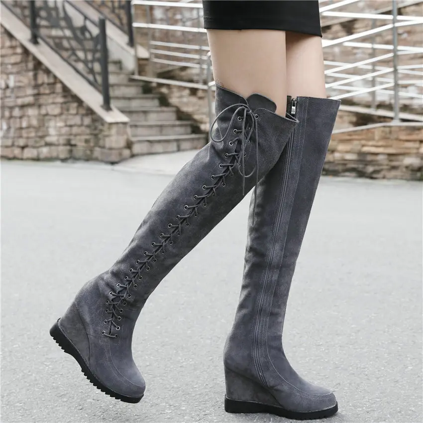 Женские эластичные сапоги выше колена из бычьей кожи на шнуровке очень высоком