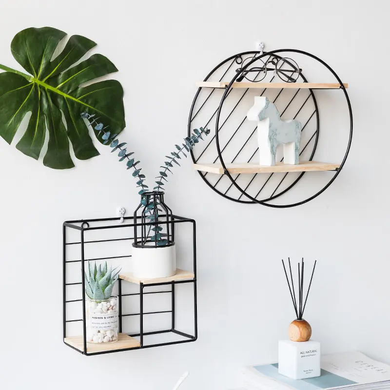 Скандинавский деревянный железный настенный стеллаж DIY сборка Геометрический