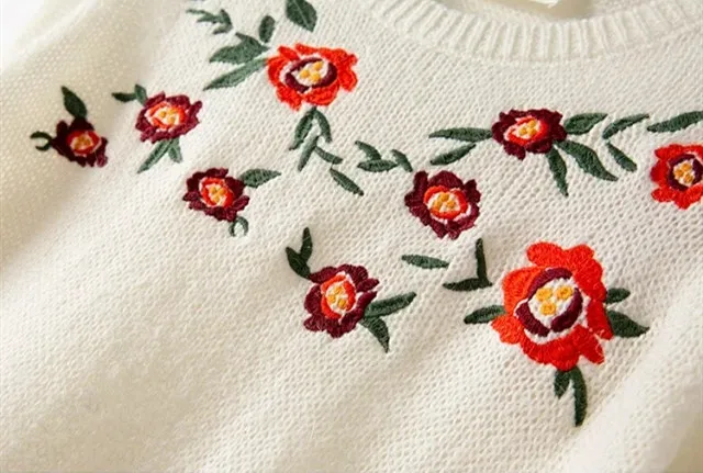 

Women's Knitted White Sweater Autumn Winter O-neck Floral Embroidery Long Sleeve 2020 New Knitwear Pullover