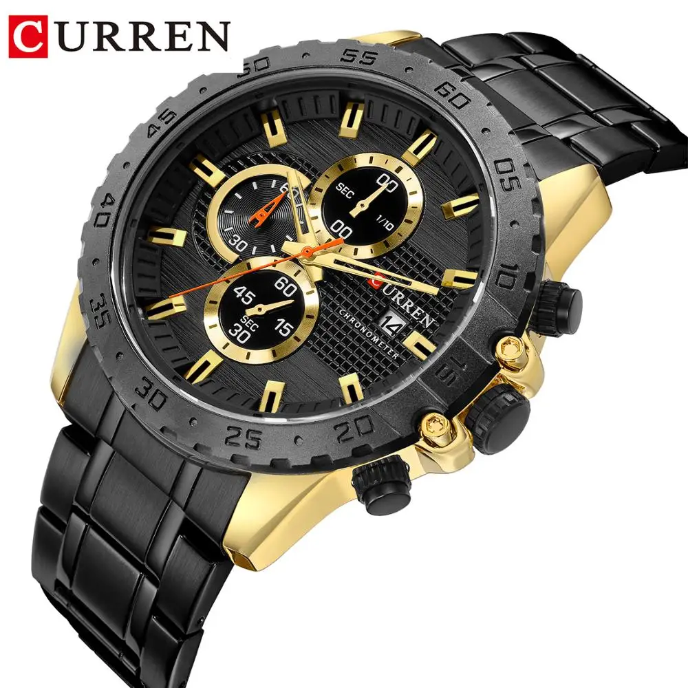 

CURREN Black Quartz Wristwatch Stainless Steel Waterproof Golden Mens Watches Calendar Dial Luxury Brand Business Dress Clock