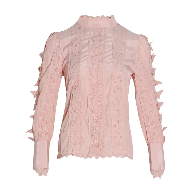 2019 Autumn Elegant Womens White Shirts Blouse Stand Collar Long Sleeve Patchwork Lace Tops Female Clother |