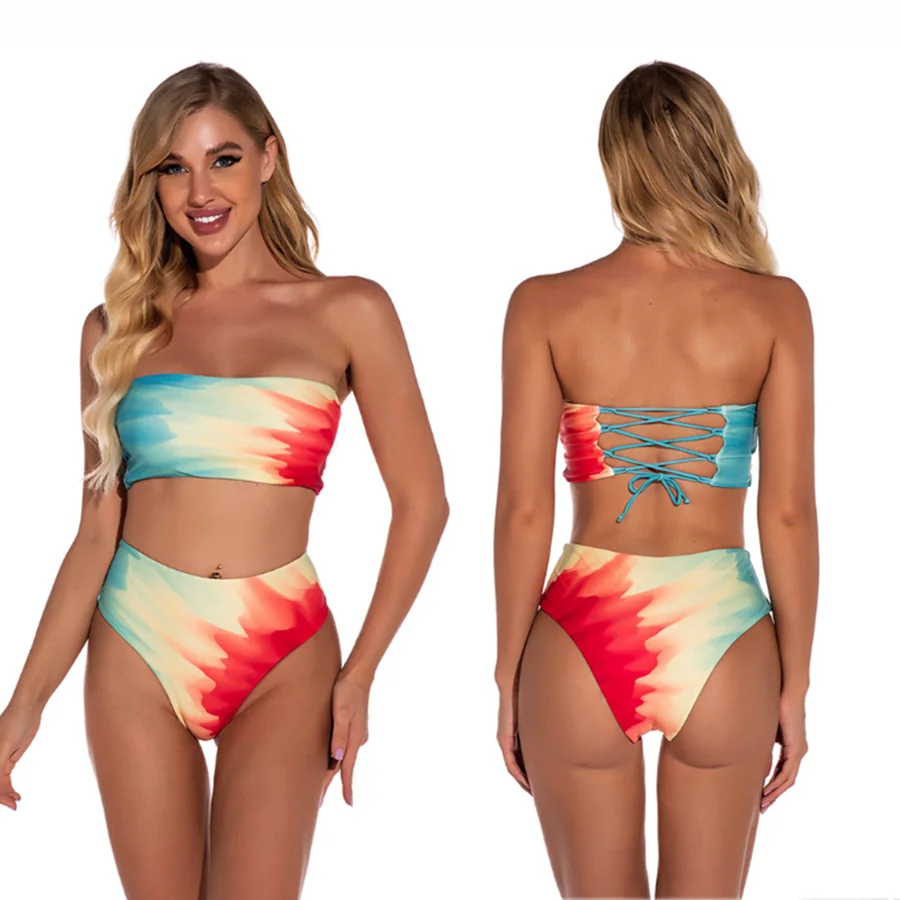 

High Waist Bikinis Bandeau Swimsuits Swimwear Tie Dye Women Strapless Biquini High Cut Bathing Suit Woman Summer Beachwear