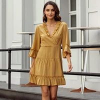 2021 spring summer solid color v neck three quarter sleeves dress womens clothing casual streetwear beach wear dresses