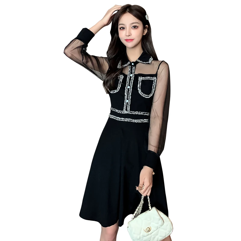 

COIGARSAM Sexy Patchwork Women one-piece dress korean New Spring Full Sleeve Mesh Dresses Black 3505