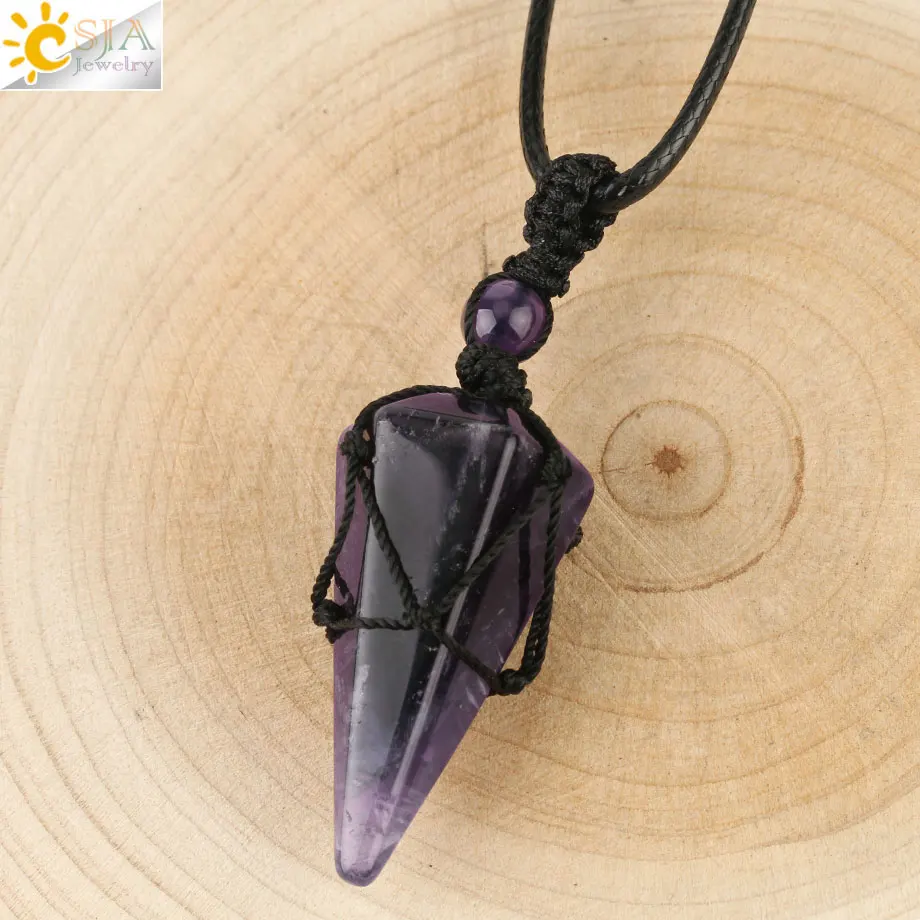 Amethyst Csja натуральный каменный конус Подвески Кристалл кварц Черная веревка обернутая лечение мужские т камни ожерелье для мужчин женские модные ювелирные изделия G173 - Окраска металла: Amethyst
