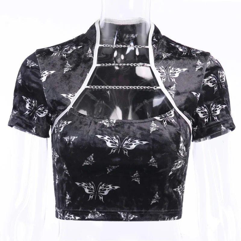 

2021 Summer Fashion Cheongsam Improved Version Top Short-sleeved T-shirt Female Butterfly Print Exposed Navel Street Sexy Women