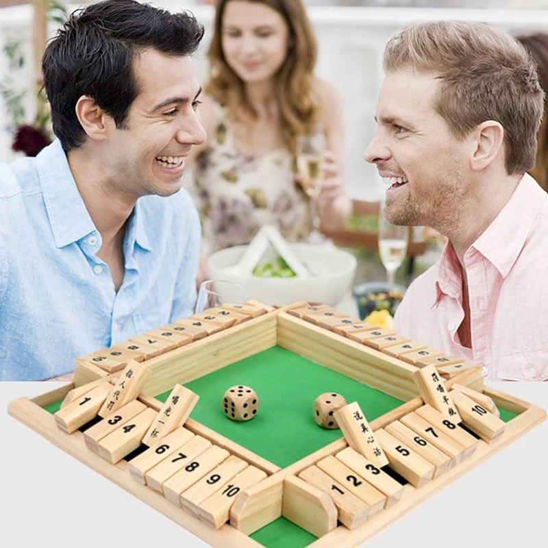 

Shut The Box Dice Board Game 4 Sided 10 Number Wooden Flaps & Dices Game Set For 4 People Pub Bar Party Supplies