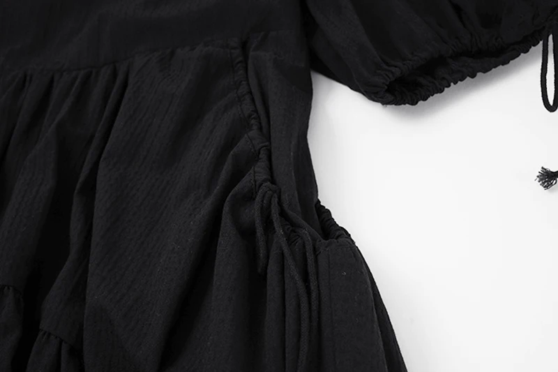 

[EAM] Women Black Hollow Out Pleated Long Dress New Round Neck Three-quarter Sleeve Loose Fashion Spring Autumn 2021 1DD9025