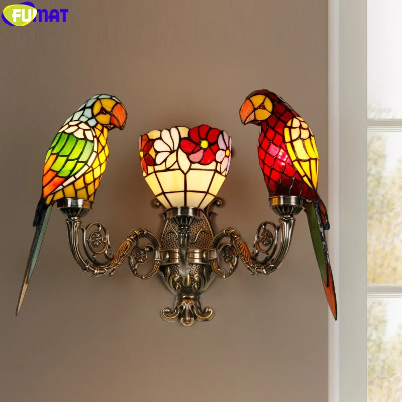 

FUMAT Tiffany Style Double Arm Lamp Wall Light Stained Glass Fixtures Aged Brass Parrot Lampshade House Decor American Retro E27