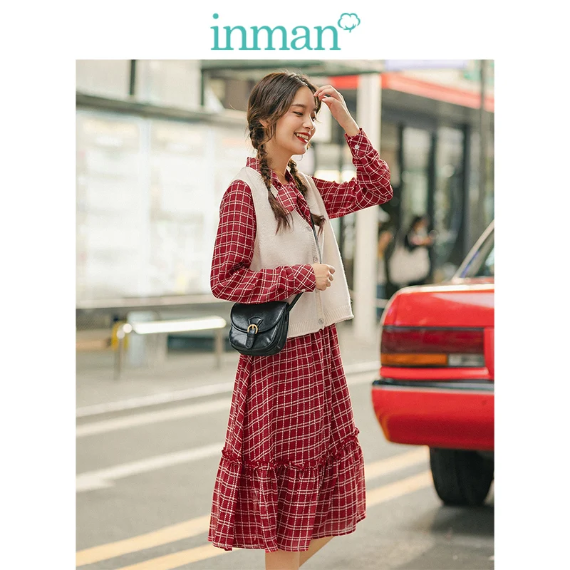 INMAN, осень, Новое поступление, клетчатое платье со шнуровкой и воротником, с однотонным жилетом, Ретро стиль, женский костюм из двух частей