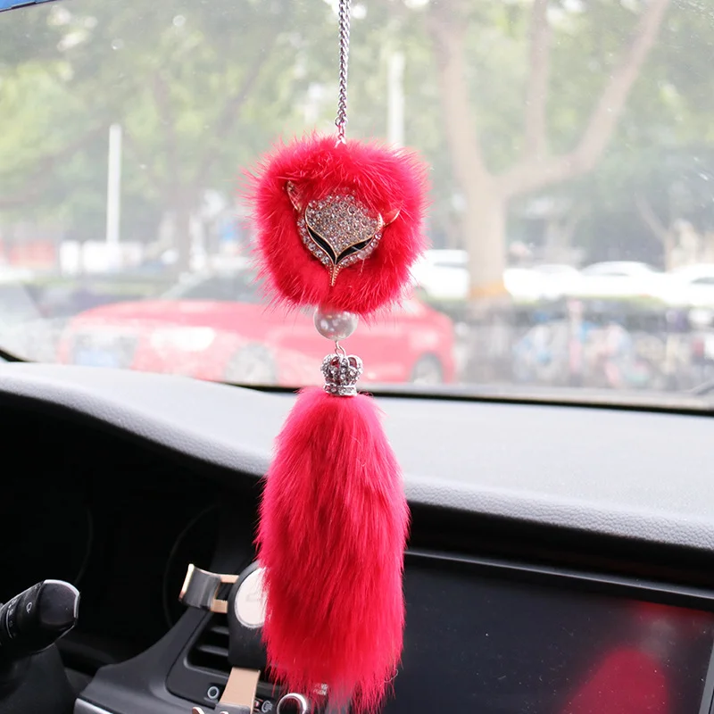 

Cute Car Ornaments Fur Crystal Rhinestone Fox Plush Auto Rear View Mirror Decoration Pendant for Girls Women Car