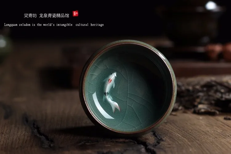 Китайский Longquan Celadon фарфоровая чайная чашка и блюдце чайная чаша с золотой рыбкой 60 мл Celadon Crackle чайная чашка