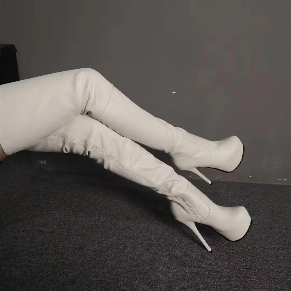 Женские высокие сапоги выше колена белые на высокой платформе тонком высоком