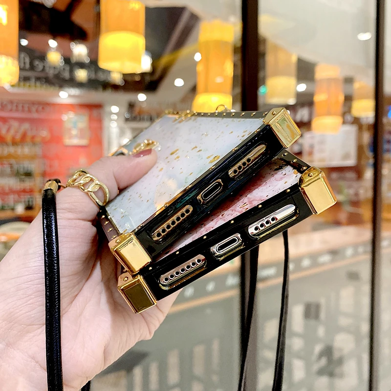

Luxury Marble Lanyard Strap Square Phone Case For iPhone 12Pro MAX 11 XR XS Max 7 8 Plus Gold Foil Crossbody Shoulder Soft Cover