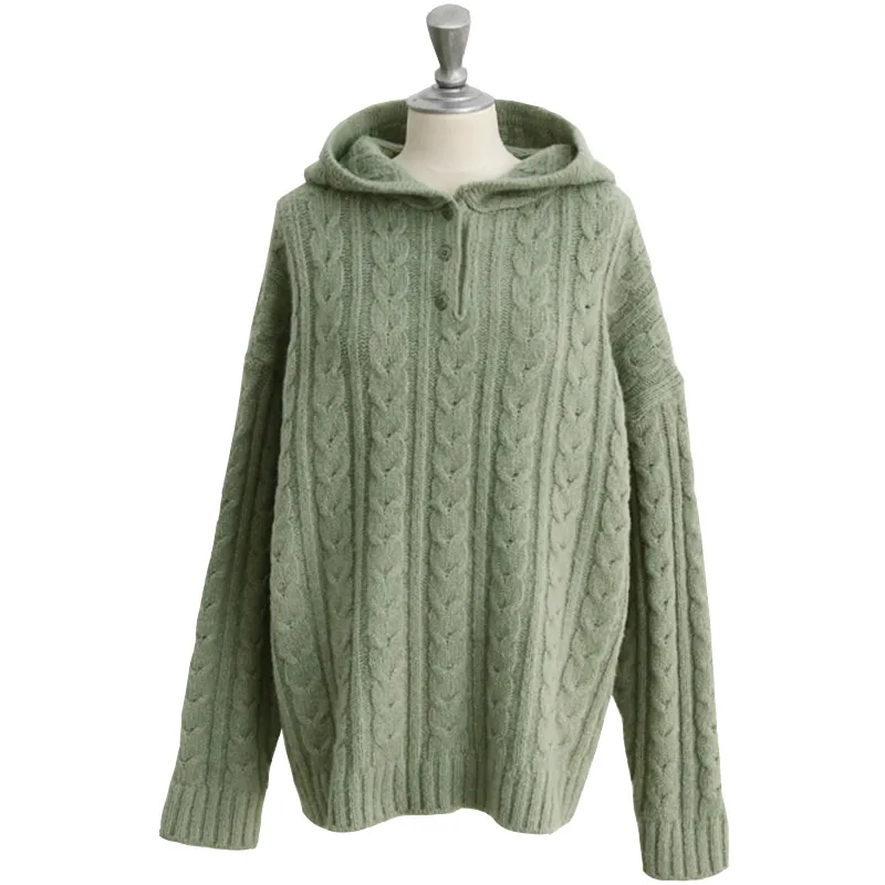 

NANING year qiu dong avocado green half sets led twist hooded knitting sweater languid is lazy girl