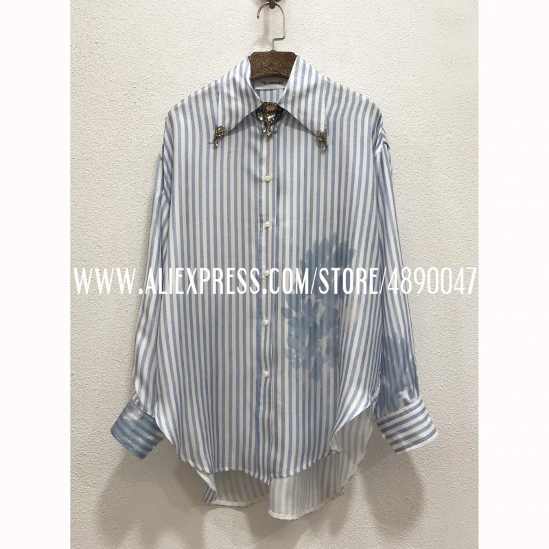 

2021 Diamond Beading Decorative Collar Striped Floral Print Silk Shirt High Quality Women's Casual Loose Long Sleeve Shirt