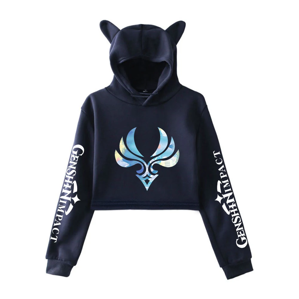 

anime hoody genshin impact print crop hoodie cat ears women exposed top hooded unisex tracksuit sweatshirt cat ears Cute Tops