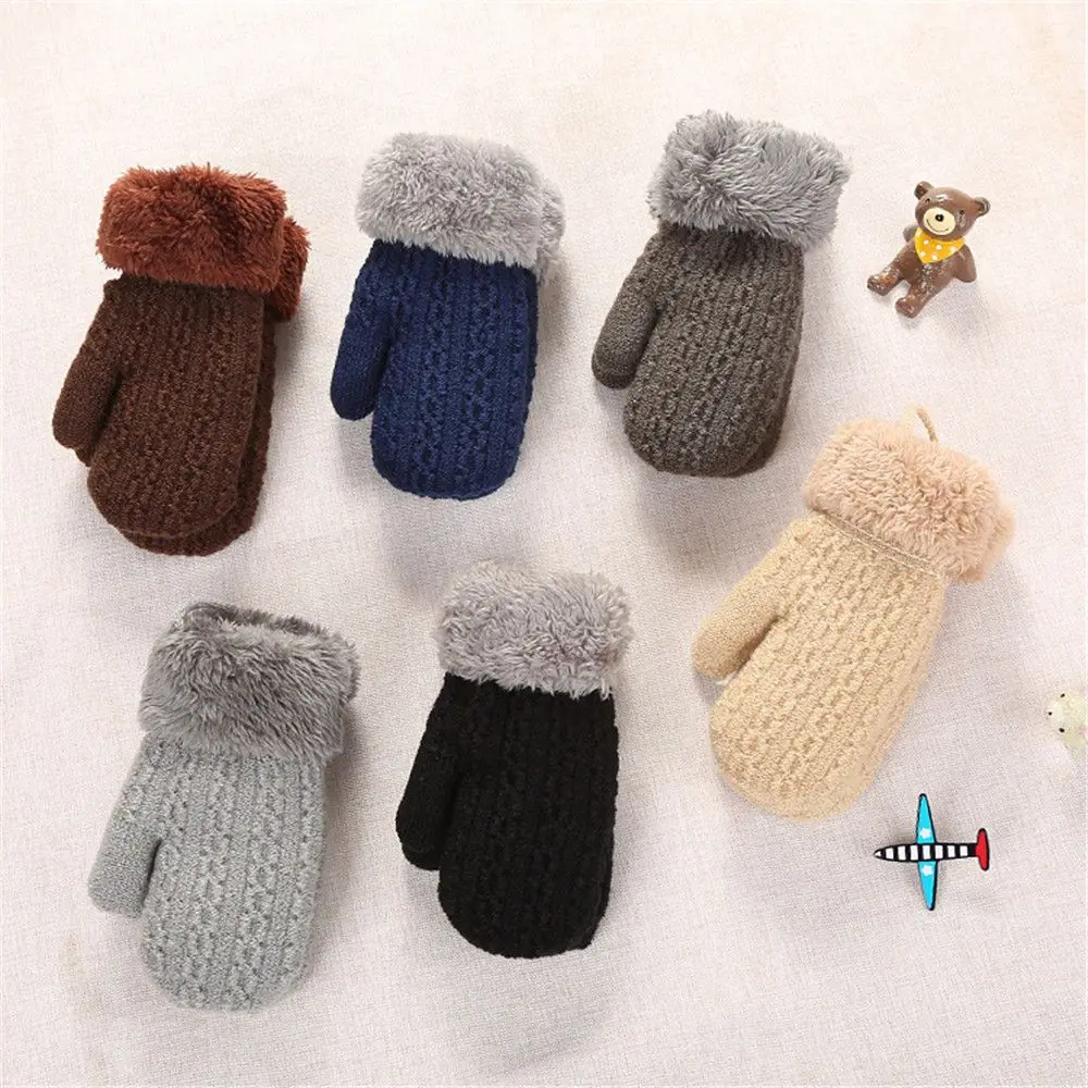 

New Hot Faux Fur Hanging Neck Soft Knitted Mittens Kids Gloves Cute Cartoon Thick WarmFor 1-4 Years