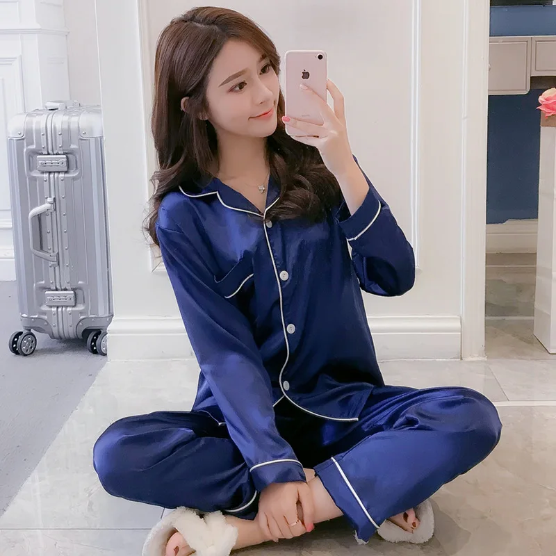 2021 New Silk Pajamas for Women Ice Silk Long-sleeved Pyjamas Sexy Pajamas Satin Sleep Home Service 2-piece Sleepwear