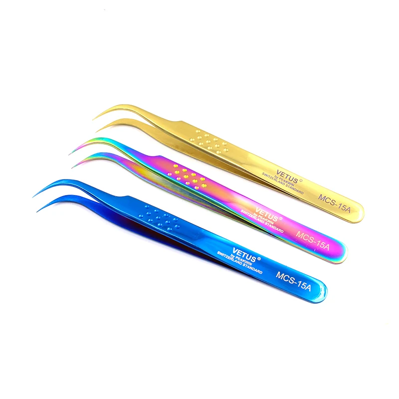 Изогнутые прямые пинцеты VETUS с радужным рисунком для наращивания ногтей