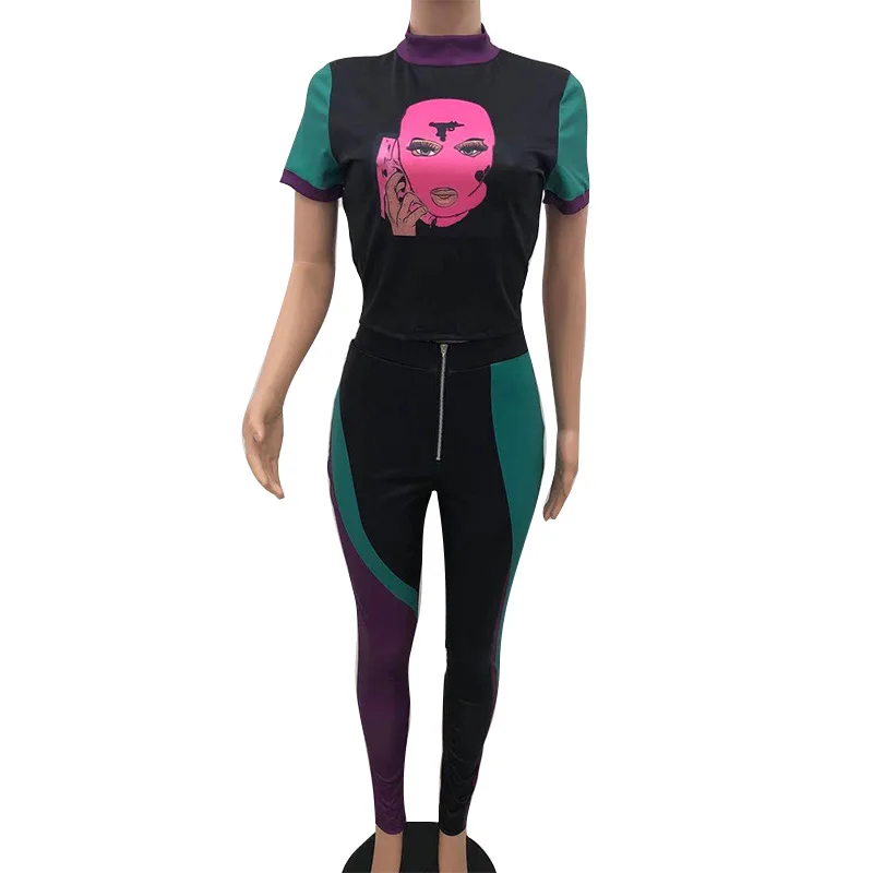 

Chocomist Two-piece Casual Sporty Print Patchwork Women Pant Set NS8029