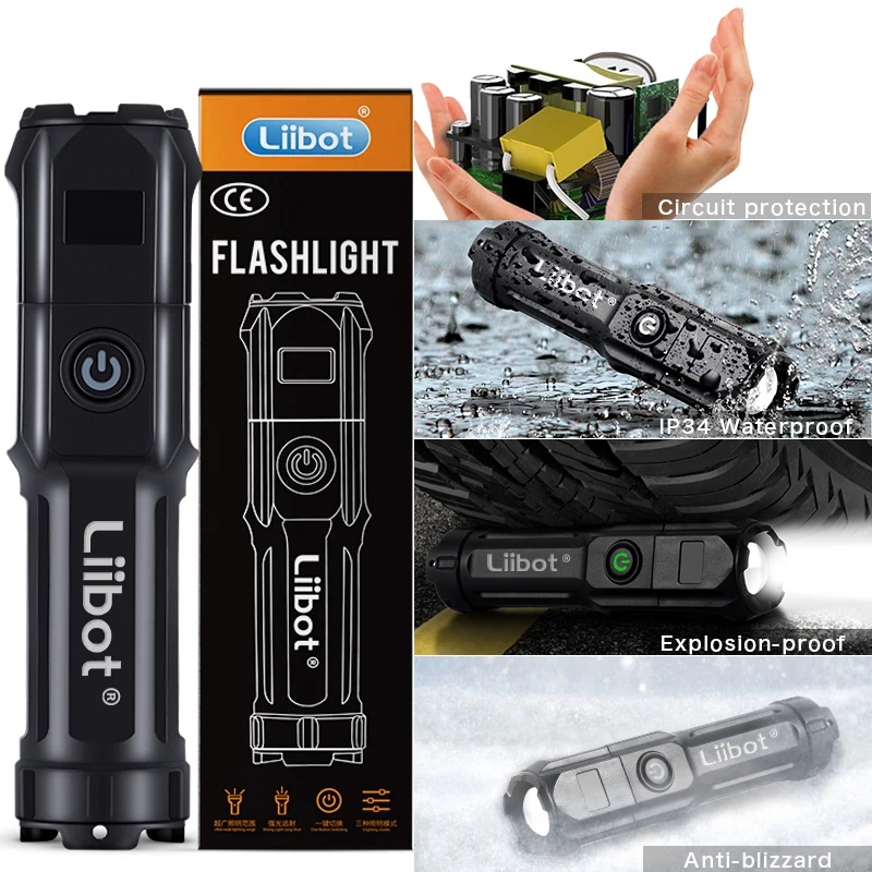 

Spotlight LED Flashlight Rechargeable High-Power Torch 3 Modes Zoomable Waterproof Outdoor Self Defense Adventure Camping Lamp