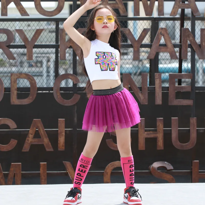 

Танцевальный костюм для девочек, с пышной юбкой и блестками, в стиле хип-хоп, лето, костюмы для чирлидинга