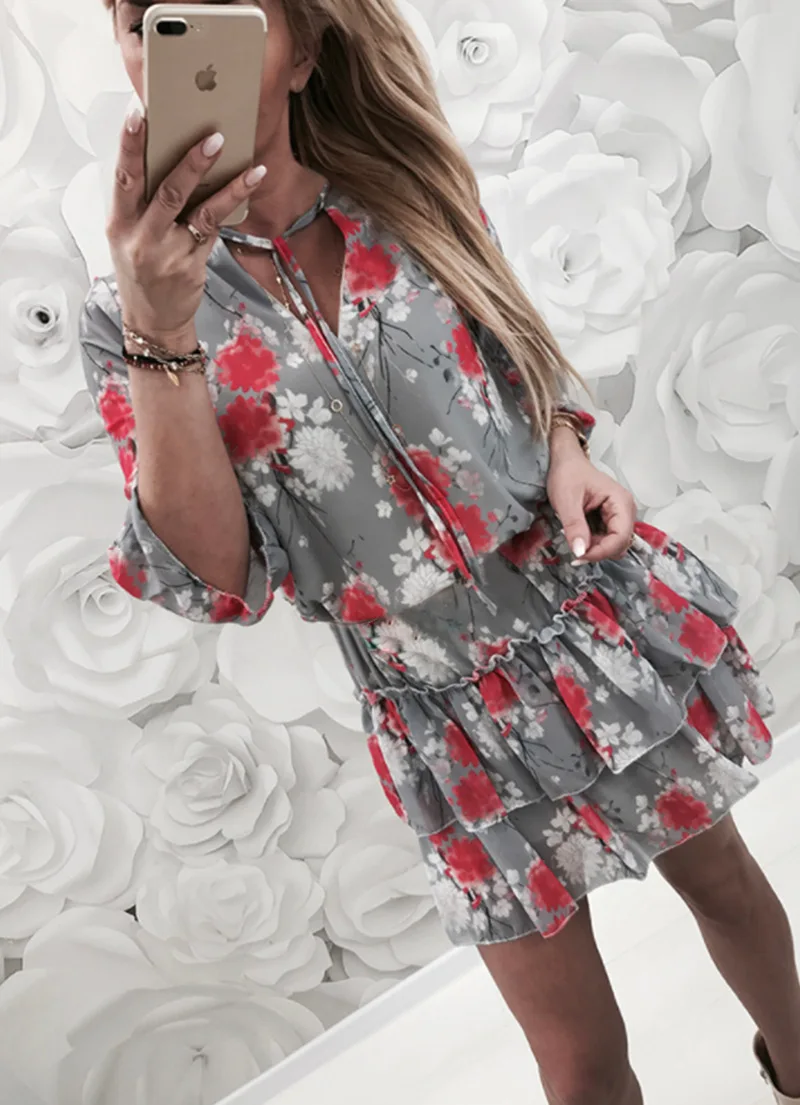 Женское платье больших размеров с цветочным принтом для кэжуал-стиля на длинных рукавах - Роупа Феминина.