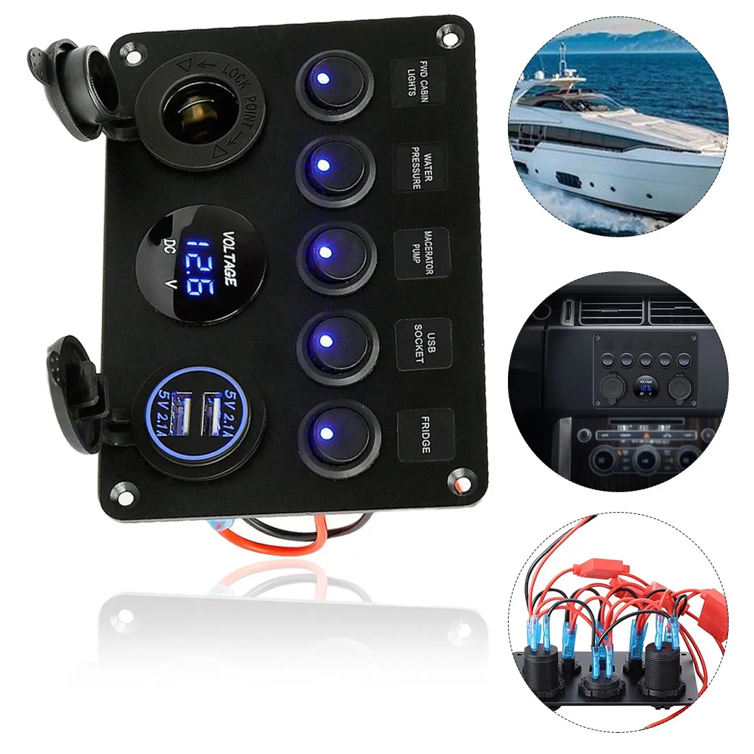 12-24V Dual USB Charger Car Yacht Car Waterproof Control Panel With 2 SB Charger Battery Voltmeter Switch Panel